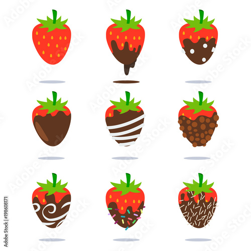 Chocolate covered strawberries vector cartoon flat fruit icons set isolated on white background.