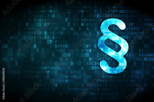 Law concept: pixelated Paragraph icon on digital background, empty copyspace for card, text, advertising