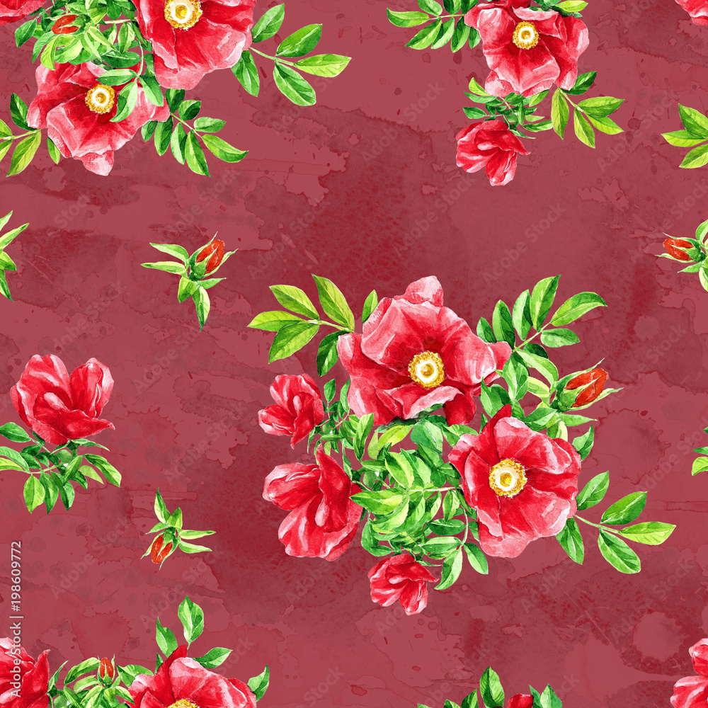 Watercolour repeating pattern of flowers of wild rose.