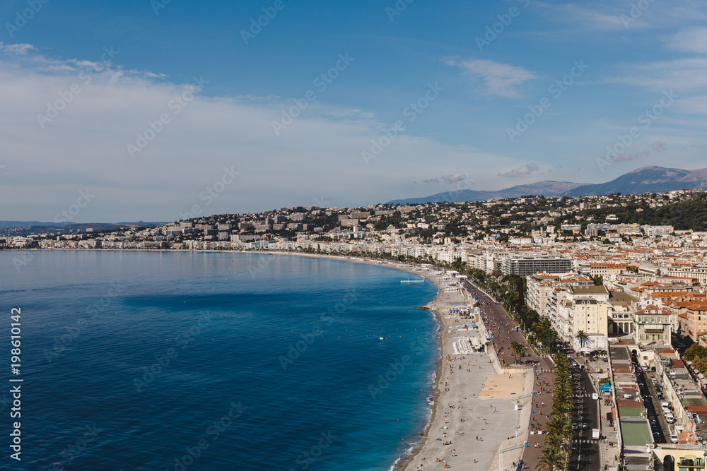 aerial view of small european town on sea coast, Nice, France