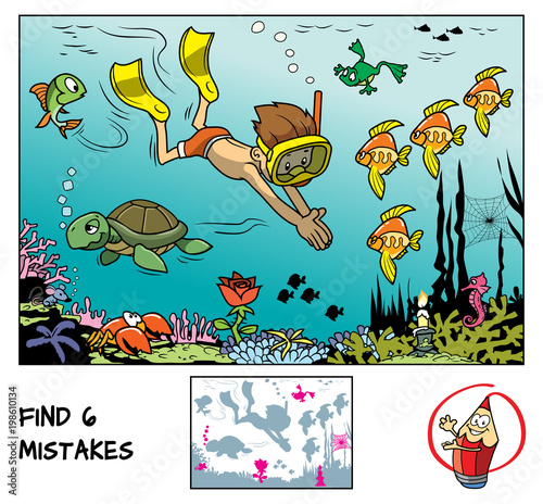 A boy with mask and flippers diving underwater in the ocean with marine inhabitants. Find 6 mistakes in the picture. Educational game for children. Cartoon vector illustration