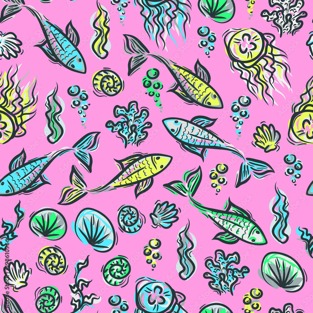 Obraz premium Underwater pattern fish ocean plants kids summer pattern