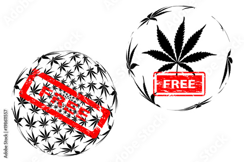 Marijuana leaf globe - black and white pattern and red rubber stamp free, International day for cannabis, April 20,