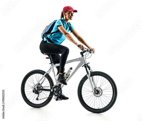 Cyclist in blue t-shirt with bike in silhouette on white background. Sport and healthy lifestyle
