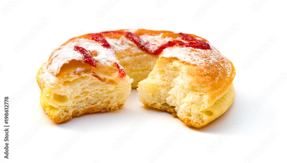 side view donut with some bites on a white background