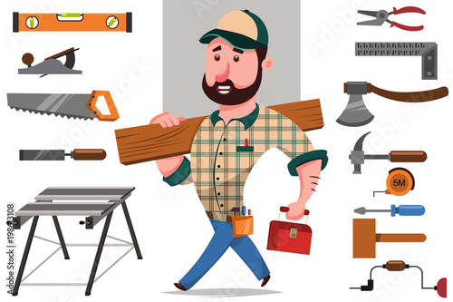 Сarpenter with a log and a set of tools for woodworking and repair: hammer, saw, axe, etc. Vector cartoon character of a craftsman.