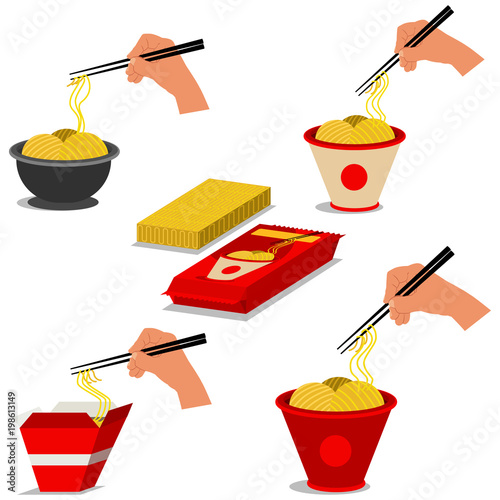 Instant noodles in packages, raw and cooked, vector set. Cartoon illustration of a hand holding bamboo chopsticks with chinese food.