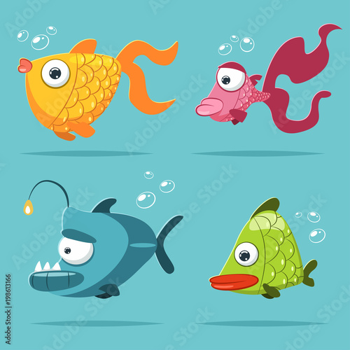 Fototapeta Naklejka Na Ścianę i Meble -  Cute cartoon fish with bubble. Vector funny character set of sea animals isolated on blue background.