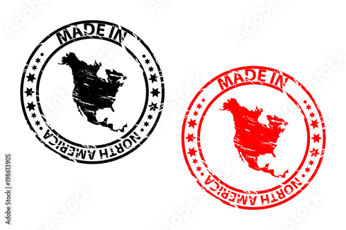 Made in North America - rubber stamp - vector - North America continent map pattern - black and red