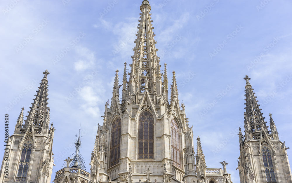 Gothic Catholic Cathedral Facade  Barcelona Catalonia Spain. Built in 1298.
