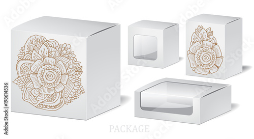 cardboard package with flowers bouquet. mock up, template. stock vector