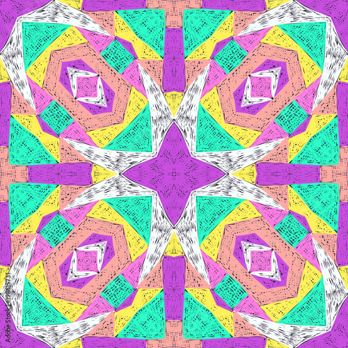 Ethnic pattern. Aztec fabric. Embroidery effect. Tribal ornament. Brazilian or Mexican print. Clothes or interior design. Boho fashion. Traditional homespun textile. Vector seamless pattern.