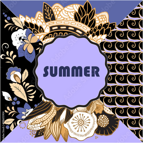 stock vector spring floral pattern with word Summer. patchwork design. banner or card template