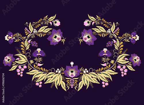 stock vector flowers and leaf ornament. oriental or russian pattern.necklace embroidery design