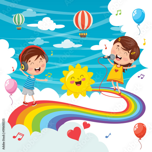 Vector Illustration Of Kids Jumping On Rainbow