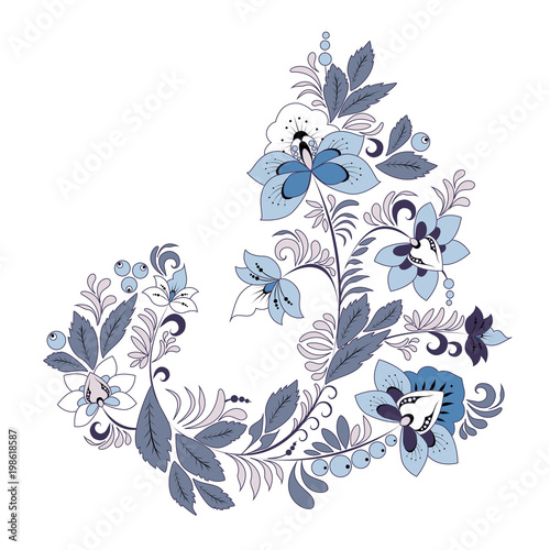stock vector abstract  flowers and waves, doodle floral bouquet. oriental or arabic, russia textile design. template for card. banner. botanic set