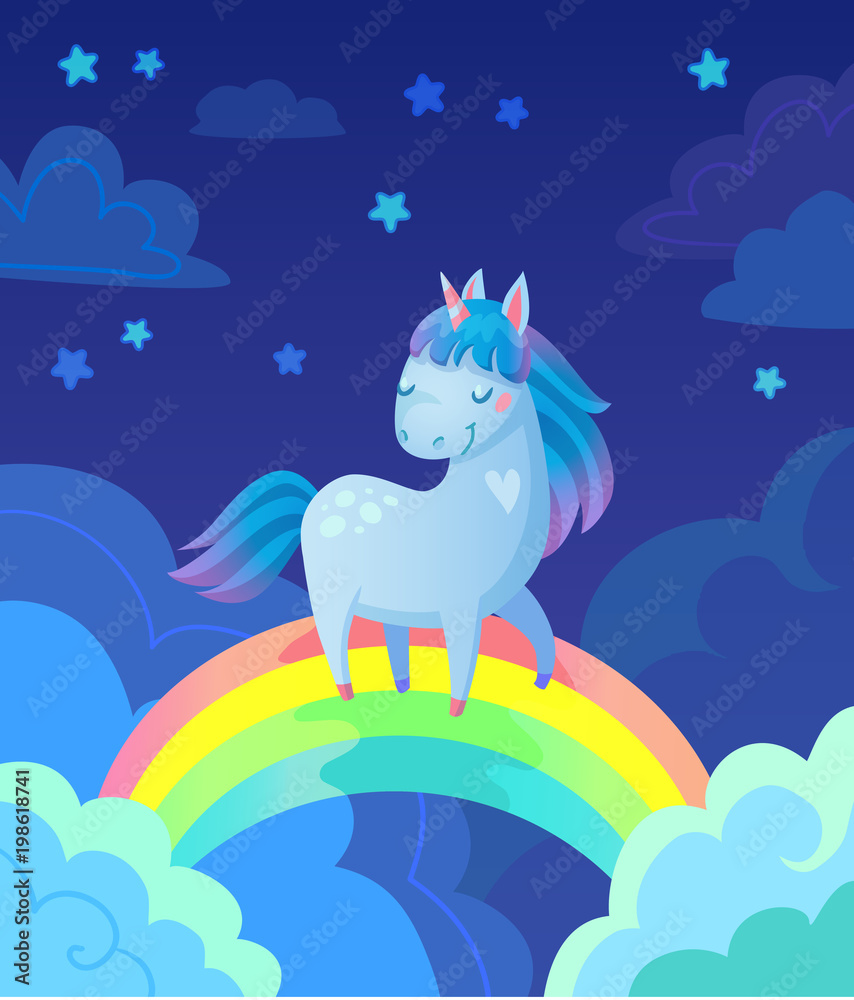 Cute vector illustration of unicorn on rainbow in night sky with stars ...