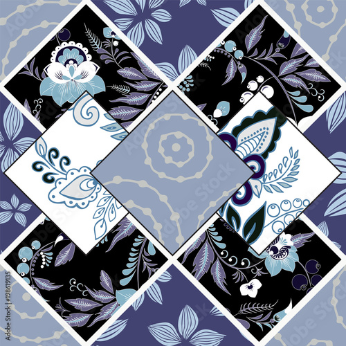 abstract seamless patchwork tile with floral ornament.arabic or orient pattern. vintage style