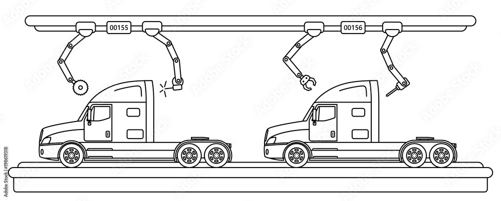 Naklejka premium Thin line style truck assembly line. Automatic transport production conveyor. Robotic truck machinery industry concept. Vector illustration.