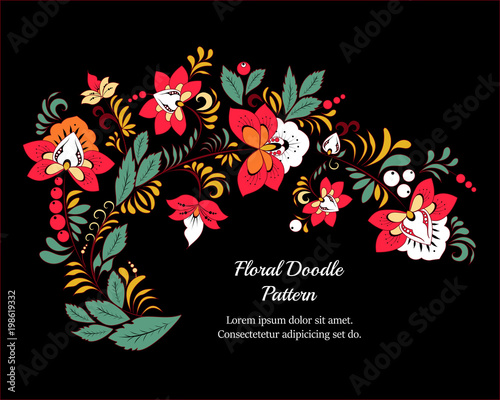 stock vector abstract  flowers and waves, doodle floral bouquet. oriental or arabic, russia textile design. template for card. banner. botanic set