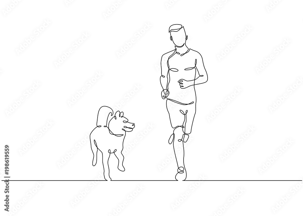 one line drawing of man running with dog