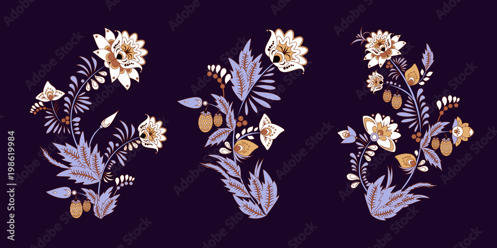 stock vector set of flolar bouquet oriental or arabic, russia textile design. template for necklace