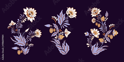 stock vector set of  flolar bouquet oriental or arabic, russia textile design. template for necklace