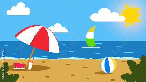  Beach and summer sea with beach umbrella, ball and wind surf / illustration of a typical summer day relaxing on a beach