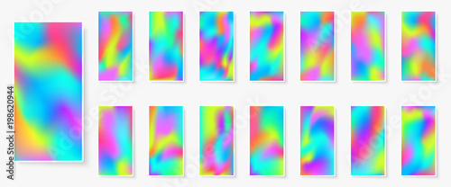 Holographic background. Multicolor texture. Hologram glitch. Smooth blur. Smartphone wallpapers bundle. Trendy vector backdrops for gadget. Phone screen vibrant textures.