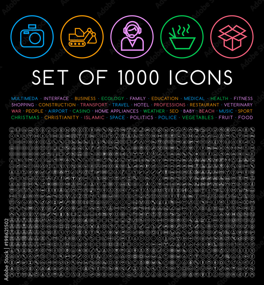 Set of 1000 Isolated Minimal Modern Simple Elegant White Stroke Icons on Circular Buttons on Black Background - obrazy, fototapety, plakaty 