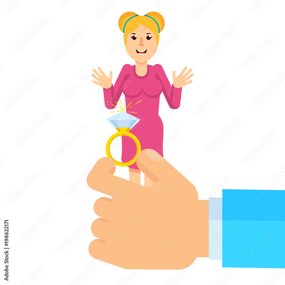 Offer of marriage. Engagement, declaration of love. Flat vector cartoon illustration. Objects isolated on white background. Offer of marriage. Engagement, declaration of love. Flat vector cartoon illustration. Objects isolated on white background.