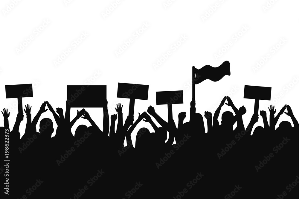 Fototapeta premium Crowd of protesters people. Silhouettes of people with banners and with raised up hands. Concept of revolution and political or social protest