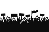 Crowd of protesters people. Silhouettes of people with banners and with raised up hands. Concept of revolution and political or social protest