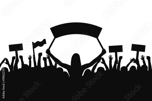 Crowd of protesters people. Silhouettes of people with banners and with raised up hands. Concept of revolution and political or social protest