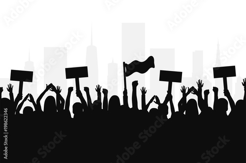 Crowd of protesters people. Silhouettes of people with banners and with raised up hands. Concept of revolution and political or social protest