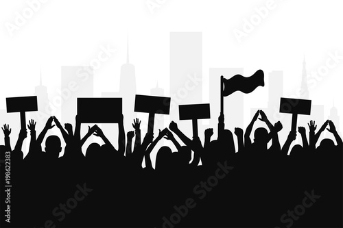 Crowd of protesters people. Silhouettes of people with banners and with raised up hands. Concept of revolution and political or social protest