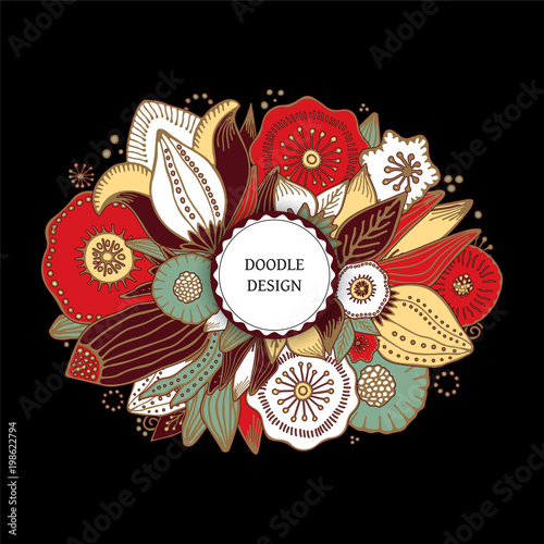 stock vector abstract hand draw flower and wave, doodle bouquet. oriental or arabic, russia textile design. template for card. banner