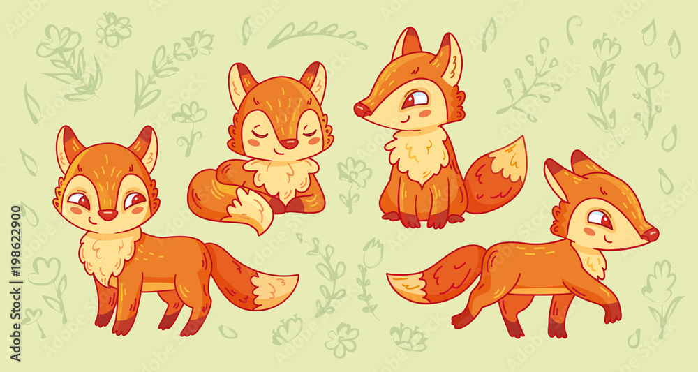 Set of cute cartoon foxes in different poses. Vector collection of adorable forest animals for children.