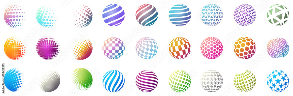 Set of minimalistic shapes. Halftone bright color spheres isolated on white background. Stylish emblems. Vector spheres with dots, stripes, triangles, hexagons for web designs. Simple signs collection - obrazy, fototapety, plakaty 