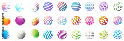 Set of minimalistic shapes. Halftone bright color spheres isolated on white background. Stylish emblems. Vector spheres with dots, stripes, triangles, hexagons for web designs. Simple signs collection