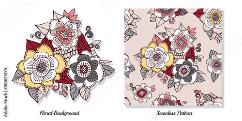 stock vector abstract hand draw flower and wave, doodle bouquet. oriental or arabic, russia textile design. template for card. banner