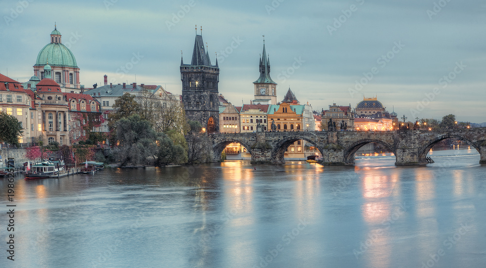 Evening view of the historic part of the city Prague, Czech Republic.