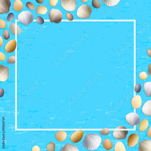 Shells frame. Blue grunge background. Stones and seashells vector. Summer illustration. Ocean or sea poster. Travel illustration. Tropical beach vacation.