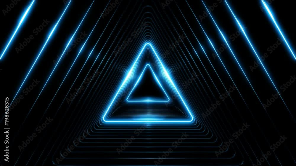 Beautiful Abstract Triangle Tunnel with Blue Light Lines Moving Fast. Set of Several Video Elements. Background Futuristic Tunnel with Neon Lights. Looped 3d Animation Art Concept. 4K Ultra HD