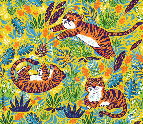 Tropical seamless pattern with funny tigers in cartoon style. Vector illustration