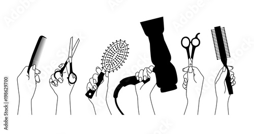 Barbier, Hairdresser hairstylist, Tools in hand. Vector illustration, clip art, Drawing outline. Isolated on white. Black and white. coiffure, hair, scissors, shear, shears, hairbrush, dryer