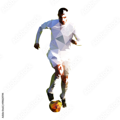 Soccer player in white jersey running with ball, polygonal geometric vector illustration