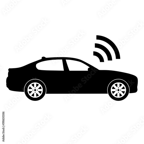 Black and white illustration icon of a self-driving car. Isolated on white