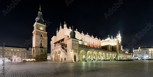 Main square at night and in Krakow, Poland