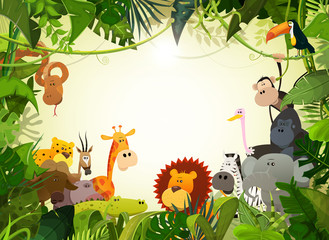 Wandcirkels Cartoons Wilde dieren in natuurlijk landschap  © benchart